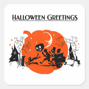 Spooky Vintage Art Deco Black Cat Halloween Parade Square Sticker