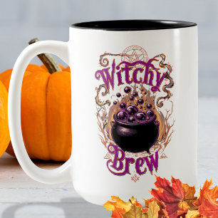Spooky Vintage Cauldron Halloween Witch Brew Two-Tone Coffee Mug