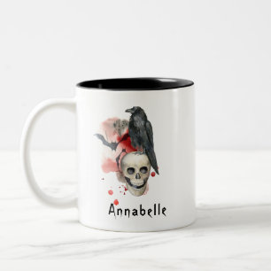 Spooky Vintage Goth Skull and Raven Custom  Two-Tone Coffee Mug