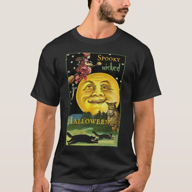 Spooky Vintage Halloween Moon Watching Witch T-Shirt (Front)