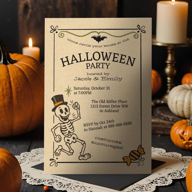 Spooky Vintage Halloween Party Retro Skeleton Invitation (A vintage-style Halloween invite with a dancing skeleton, top hat, bat, and candy accents.)