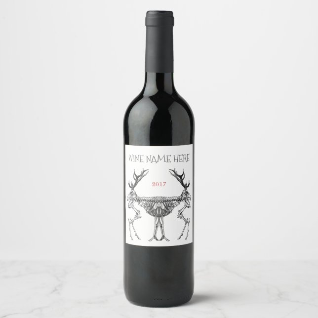 Spooky vintage skeleton reindeer drawing wine label (Front)