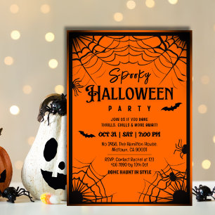 Spooky vintage spider webs bats orange Halloween Invitation