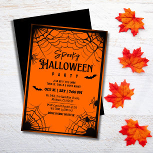Spooky vintage spider webs bats orange Halloween Invitation