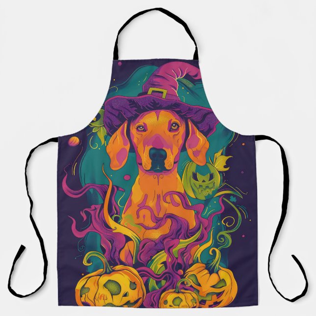 Spooky Vizsla Dog Halloween Witch And Pumpkin Apron (Front)