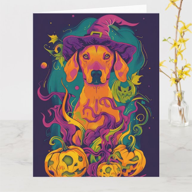 Spooky Vizsla Dog Halloween Witch And Pumpkin Card (Yellow Flower)