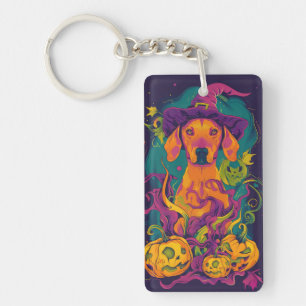 Spooky Vizsla Dog Halloween Witch And Pumpkin Key Ring