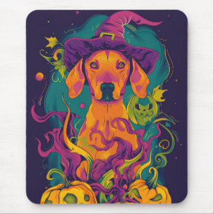 Spooky Vizsla Dog Halloween Witch And Pumpkin Mouse Mat