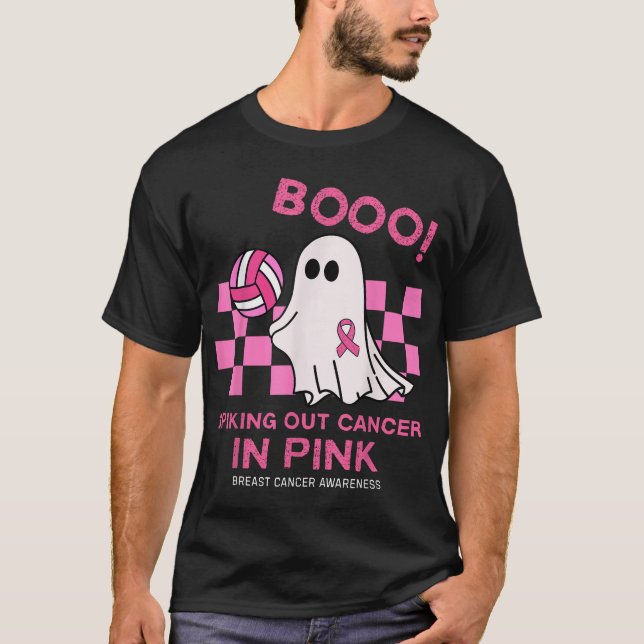Spooky Volleyball Halloween Breast Cancer Awarenes T-Shirt (Front)