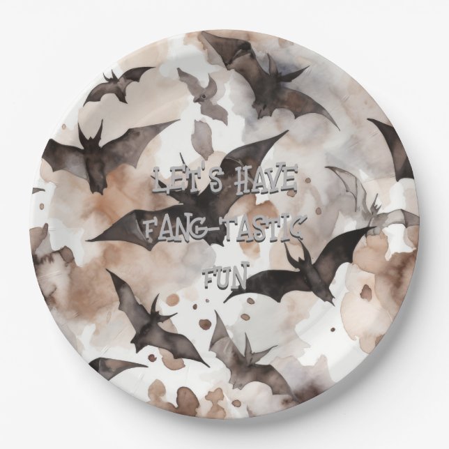 Spooky Watercolor Bats Halloween Fang-Tastic Paper Plate (Front)