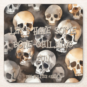 Spooky Watercolor Skulls Halloween Monogram Square Paper Coaster