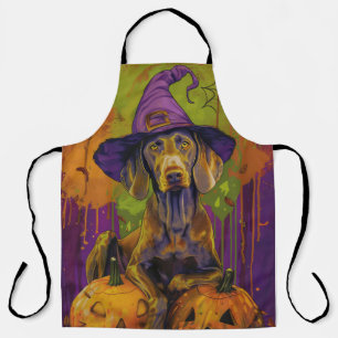 Spooky Weimaraner Dog Halloween Witch And Pumpkin Apron