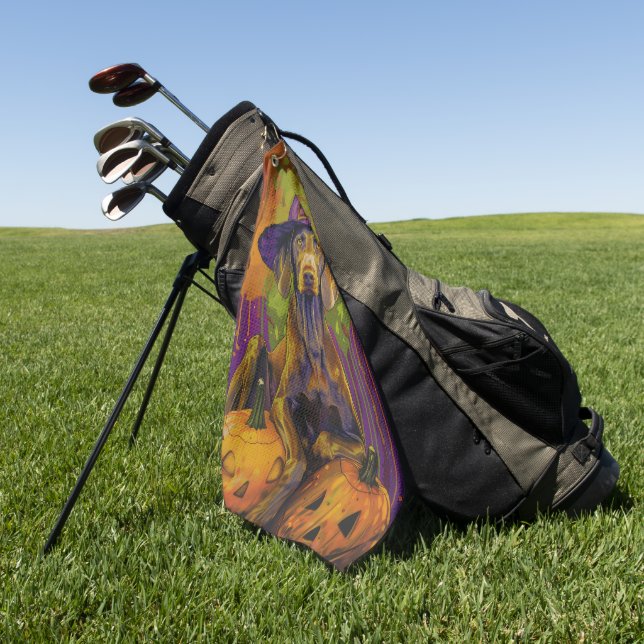 Spooky Weimaraner Dog Halloween Witch And Pumpkin  Golf Towel (Green)