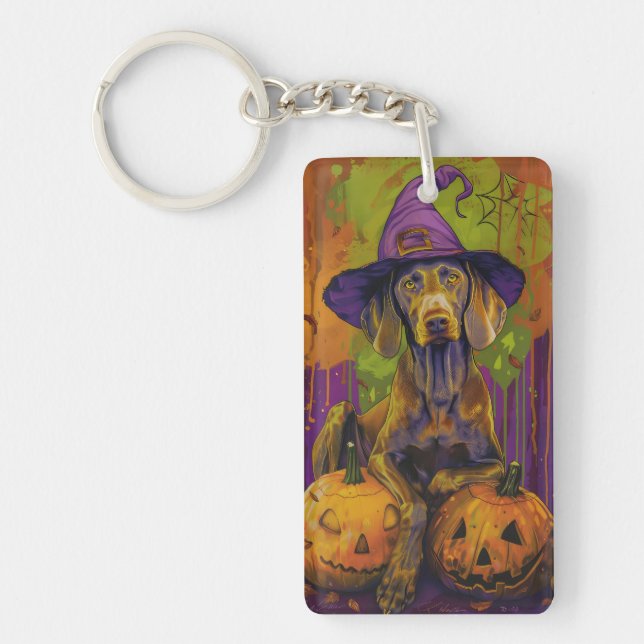 Spooky Weimaraner Dog Halloween Witch And Pumpkin  Key Ring (Front)