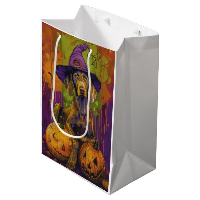 Spooky Weimaraner Dog Halloween Witch And Pumpkin  Medium Gift Bag (Front Angled)