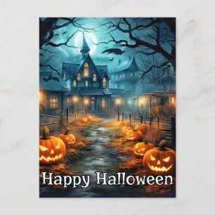 Spooky Well-lit Nefarious Pumpkin Happy Halloween Postcard