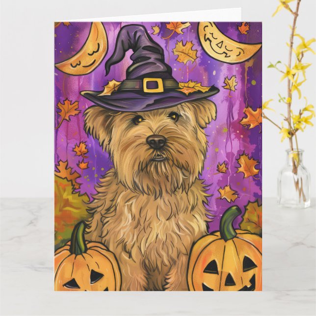 Spooky Wheaten Terrier Dog Halloween Witch Pumpkin Card (Yellow Flower)