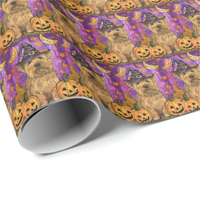 Spooky Wheaten Terrier Dog Halloween Witch Pumpkin Wrapping Paper (Roll Corner)