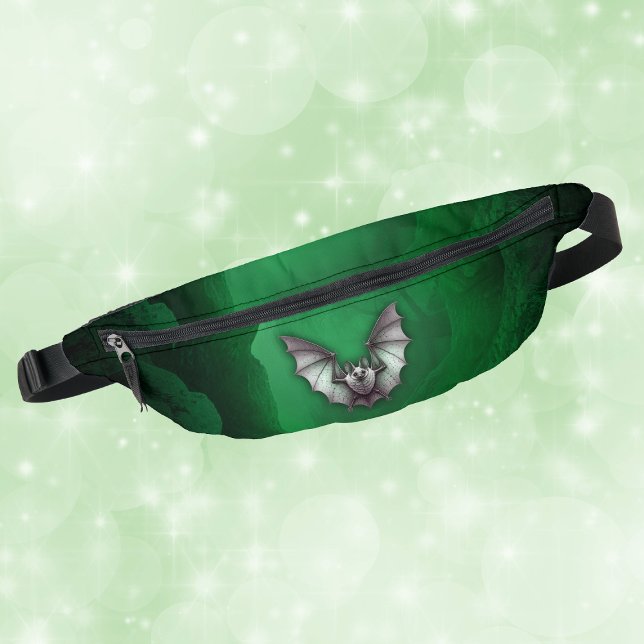 Spooky White Bat Glowing Green Cave Black Bum Bags (Spooky Gothic white bat flying out of green glowing cave on fanny pack.)