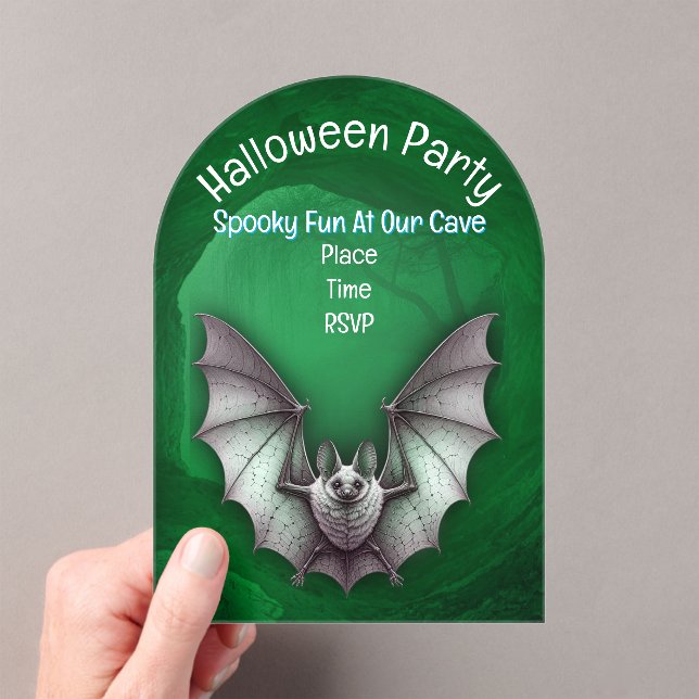 Spooky White Bat Glowing Green Cave Halloween Acrylic Invitations (Insitu (Handheld))
