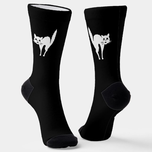 Spooky white black cat fun cute modern Halloween Socks (Angled)