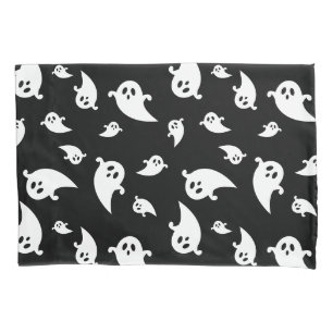 Spooky White Ghosts Pattern On Black Halloween Pillowcase