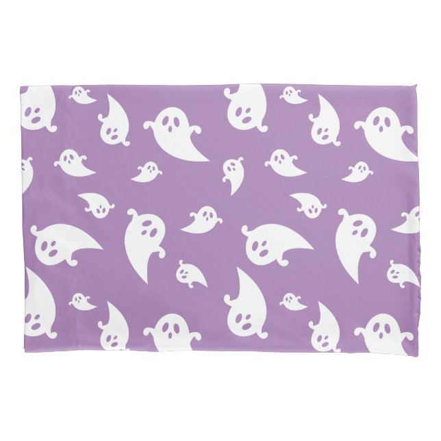 Spooky White Ghosts Pattern On Purple Halloween Pillowcase (Front)
