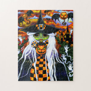 Spooky White Haired Halloween Witch Big Eyes Jigsaw Puzzle
