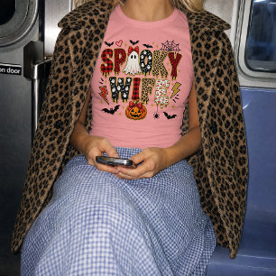Spooky Wife Halloween   Leopard Print Mixed  T-Shirt