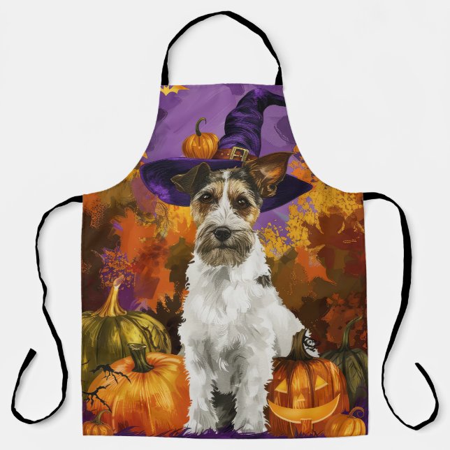 Spooky Wirefox Terrier Dog Halloween Witch Pumpkin Apron (Front)
