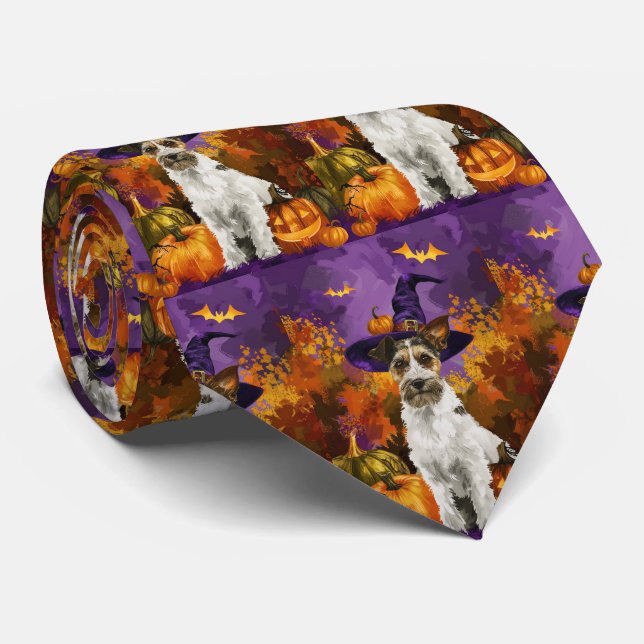 Spooky Wirefox Terrier Dog Halloween Witch Pumpkin Tie (Rolled)