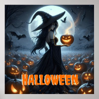 Spooky Witch and Jack-O-Lanterns 
