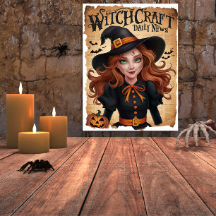 Spooky Witch Bat Vintage Style Halloween Newspaper Poster