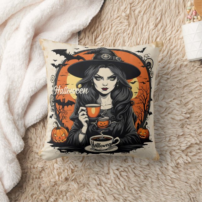 Spooky witch brewing potions on Halloween night Cushion (Blanket)
