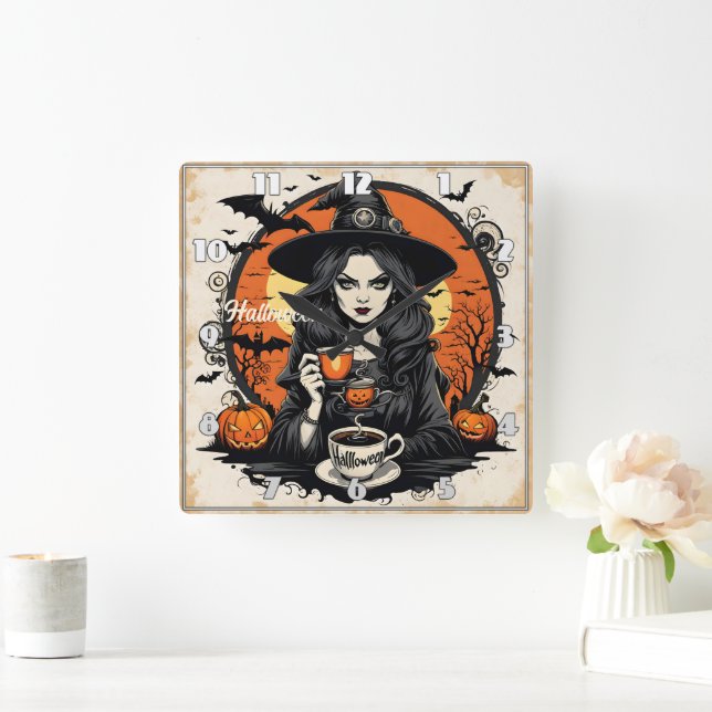 Spooky witch brewing potions on Halloween night Square Wall Clock (Home)