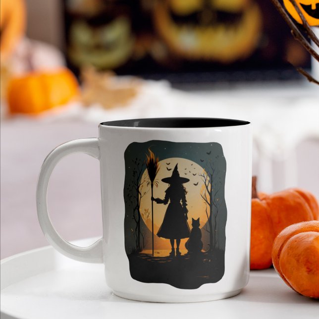 Spooky Witch Cat Broom Glowing Moon Halloween Two-Tone Coffee Mug (Creator Uploaded)