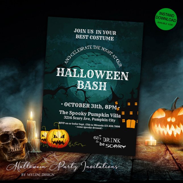 Spooky Witch House Pumpkins Full Moon Halloween Invitation (Creator Uploaded)