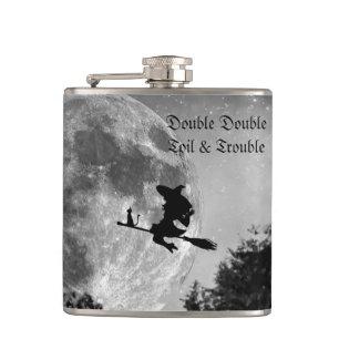 Spooky Witch on Broom Full Moon Halloween Hip Flask