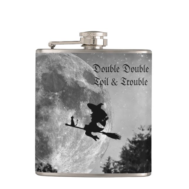 Spooky Witch on Broom Full Moon Halloween Hip Flask (Front)
