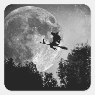 Spooky Witch on Broom Full Moon Halloween Party Square Sticker