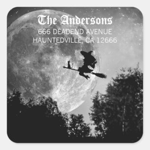 Spooky Witch on Broom Full Moon Halloween Party Square Sticker