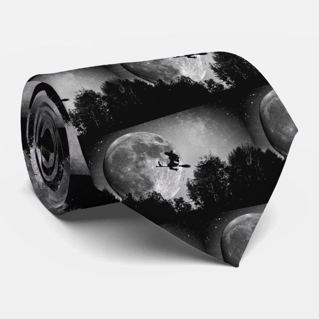 Spooky Witch on Broom Full Moon Halloween Tie (Rolled)