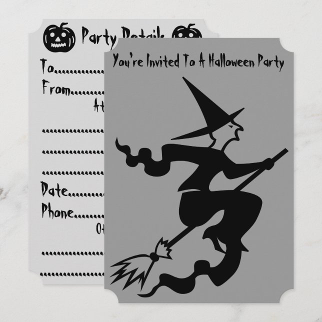 spooky witch on broomstick halloween party invitation (Front/Back)