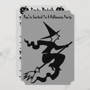 spooky witch on broomstick halloween party invitation