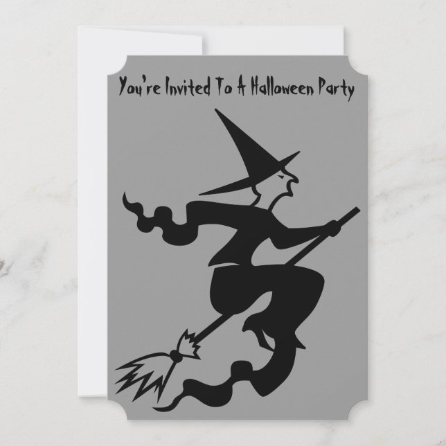 spooky witch on broomstick halloween party invite (Front)