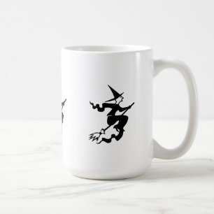 spooky witch on flying broomstick for halloween coffee mug