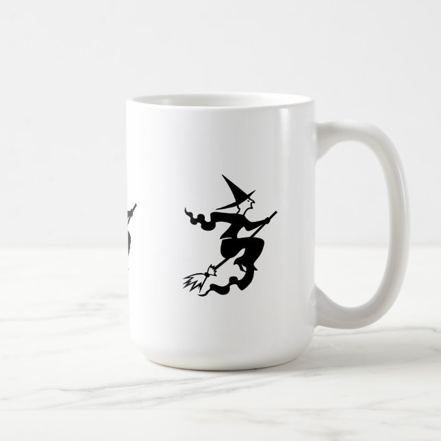 spooky witch on flying broomstick for halloween coffee mug (Right)