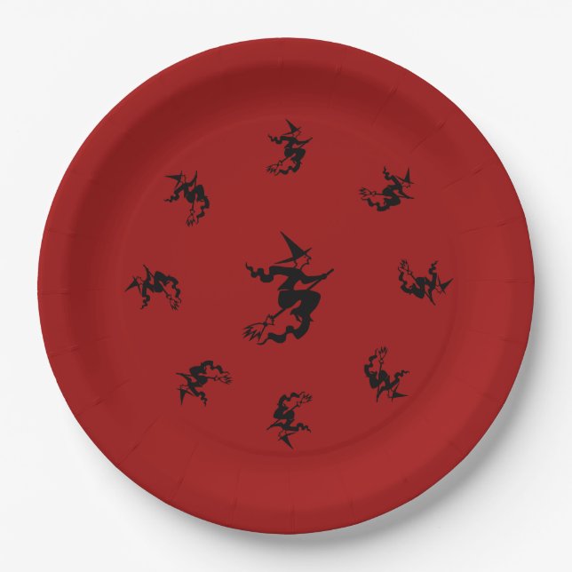 spooky witch on flying broomstick fun halloween paper plate (Front)