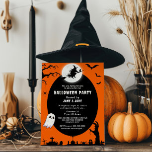 Spooky Witch Over The Moon Orange Halloween Party Invitation