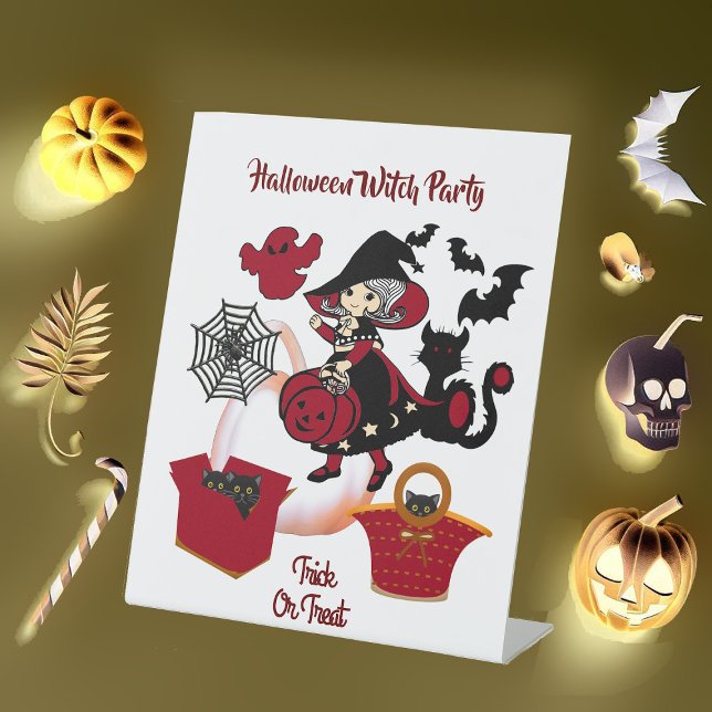 Spooky Witch Party Halloween Trick Or Treat Cute  Pedestal Sign (Spooky Witch Party Halloween Trick Or Treat Cute Pedestal Sign)